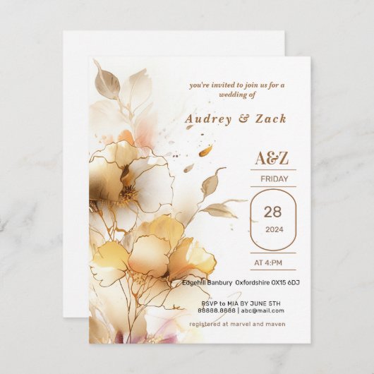 Gouden witte Bloem TROUW Uitnodiging (Voorkant / Achterkant)