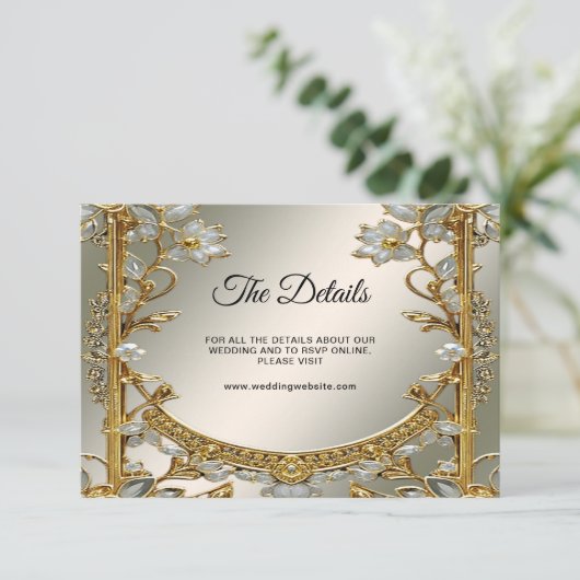 Gouden  Witte Bloemdetail Kaart (Staand voorkant)