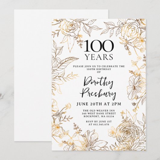 Gouden Witte Bloemen 100ste Verjaardagsfeest Kaart (Voorkant / Achterkant)