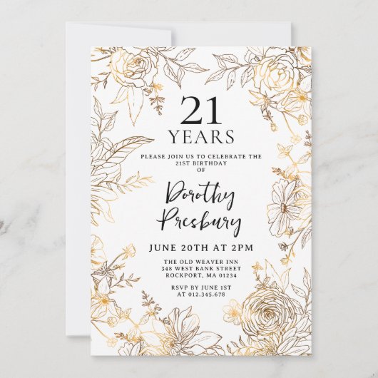 Gouden Witte Bloemen 21e Verjaardag Uitnodiging (Voorkant)
