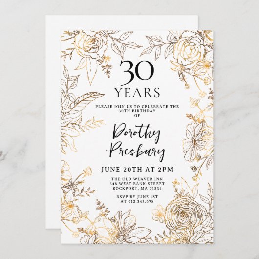 Gouden Witte Bloemen 30e Verjaardag Uitnodiging (Voorkant / Achterkant)