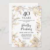 Gouden Witte Bloemen 40e Verjaardag Uitnodiging (Voorkant / Achterkant)