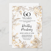 Gouden Witte Bloemen 60ste Verjaardag Uitnodiging (Voorkant / Achterkant)