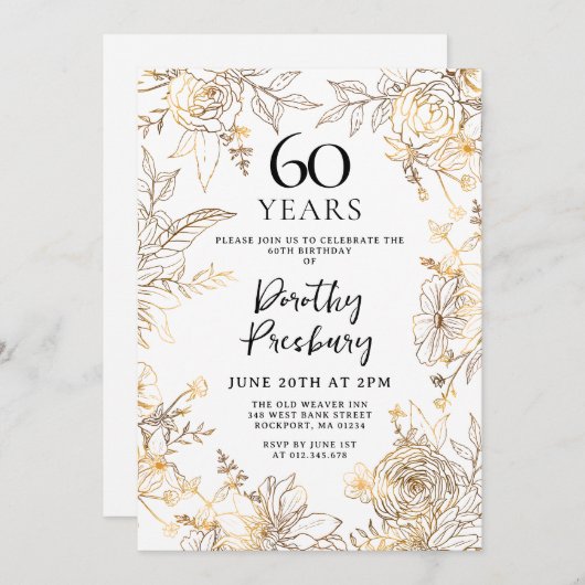Gouden Witte Bloemen 60ste Verjaardag Uitnodiging (Voorkant / Achterkant)