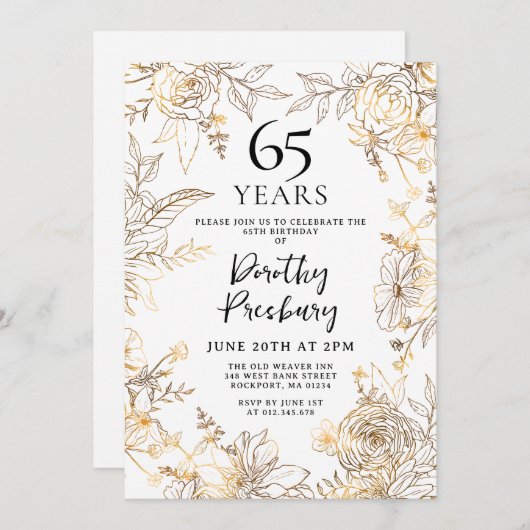 Gouden Witte Bloemen 65e Verjaardag Uitnodiging (Voorkant / Achterkant)