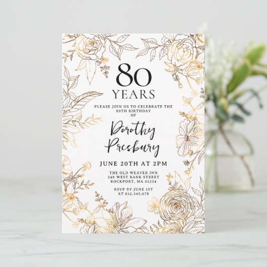 Gouden Witte Bloemen 80ste Verjaardagsfeest Kaart (Staand voorkant)