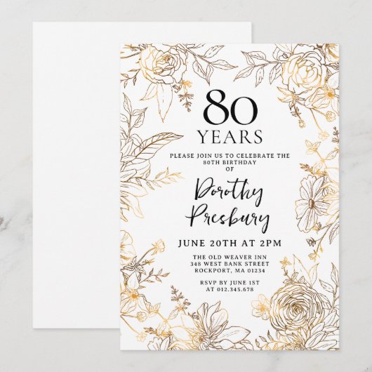 Gouden Witte Bloemen 80ste Verjaardagsfeest Kaart (Voorkant / Achterkant)