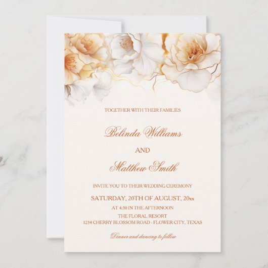 Gouden Witte Bloemen Bruiloft Kaart (Voorkant)