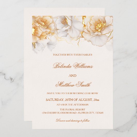 Gouden Witte Bloemen Folie Uitnodiging (Voorkant / Achterkant)