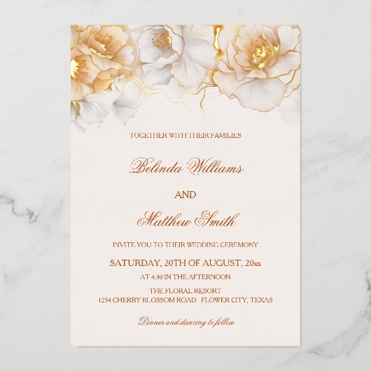 Gouden Witte Bloemen Folie Uitnodiging (Voorkant)