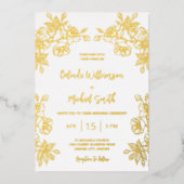 Gouden Witte Bloemen Huwelijk Folie Uitnodiging (Voorkant)