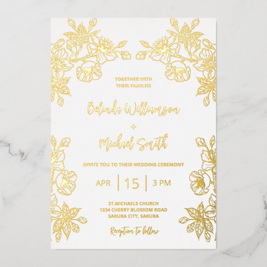 Gouden Witte Bloemen Huwelijk Folie Uitnodiging (Voorkant)