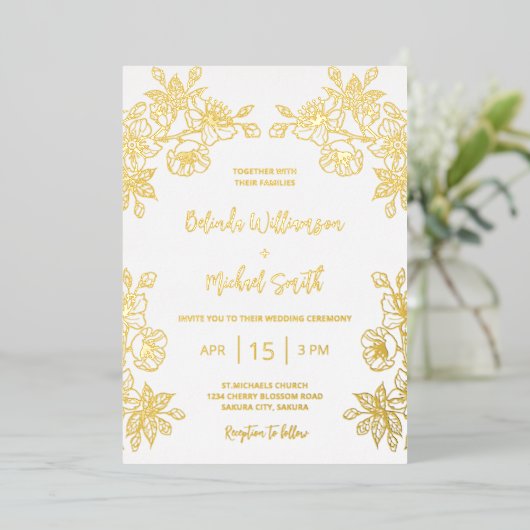 Gouden Witte Bloemen Huwelijk Folie Uitnodiging (Staand Voorkant)