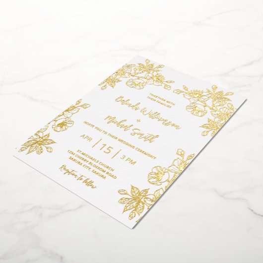 Gouden Witte Bloemen Huwelijk Folie Uitnodiging (Gedraaid)