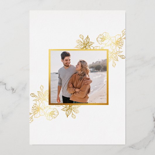 Gouden Witte Bloemen Huwelijk Folie Uitnodiging (Achterkant)