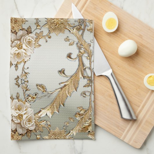 Gouden  Witte Bloemen Keukenhanddoeken (Quarter Fold)