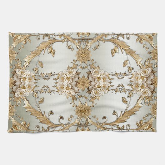 Gouden  Witte Bloemen Keukenhanddoeken (Horizontaal)