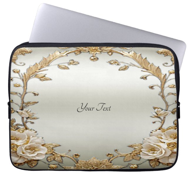 Gouden  Witte Bloemen Laptop Mouw Laptop Sleeve (Voorkant)