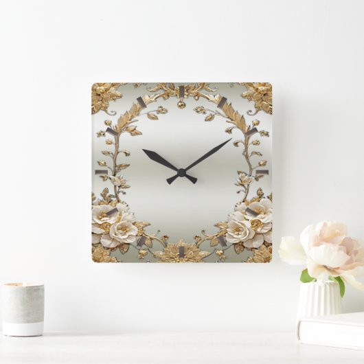 Gouden  Witte Bloemen Muur Klok (Huis)