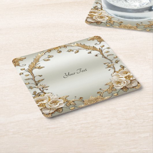 Gouden  Witte Bloemen Papier Onderzetter (Schuin)