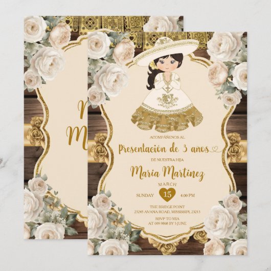 Gouden witte bloemen Presentación de Tres Años Kaart (Voorkant / Achterkant)
