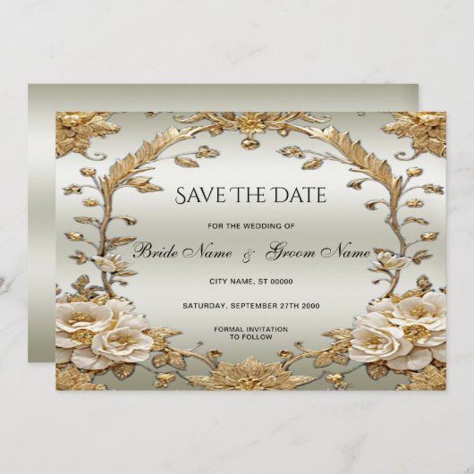 Gouden  witte bloemen redden de datum save the date (Voorkant / Achterkant)