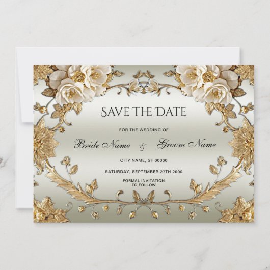 Gouden  witte bloemen redden de datum save the date (Voorkant)