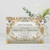 Gouden  witte bloemen redden de datum save the date (Staand voorkant)