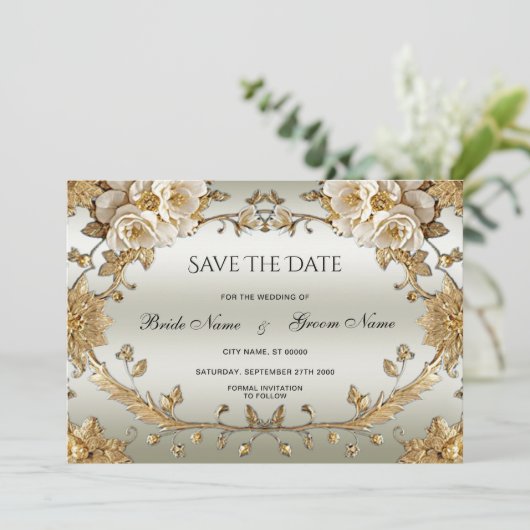 Gouden  witte bloemen redden de datum save the date (Staand voorkant)