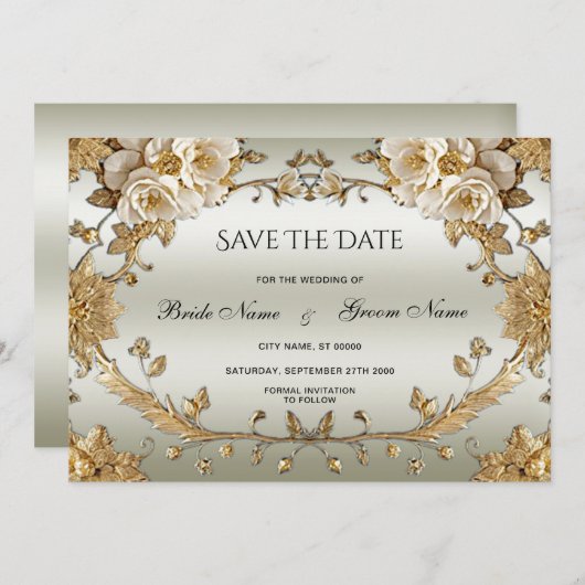 Gouden  witte bloemen redden de datum save the date (Voorkant / Achterkant)