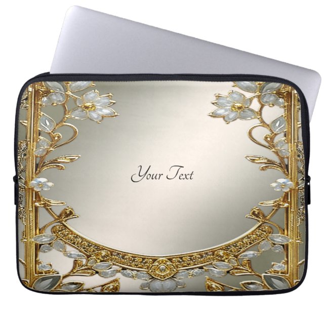 Gouden  witte bloemenlaptophoes laptop sleeve (Voorkant)