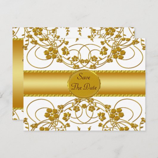 Gouden & Witte Bloemige Trouw Monogram Aankondigingskaart (Voorkant / Achterkant)