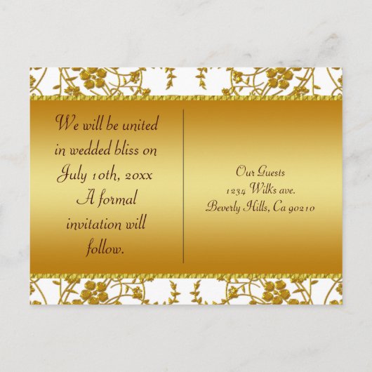 Gouden & Witte Bloemige Trouw Monogram Aankondigingskaart (Achterkant)