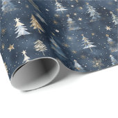 Gouden & Witte Bomen, Sterren op Donkerblauwe Acht Cadeaupapier (Rol Hoek)