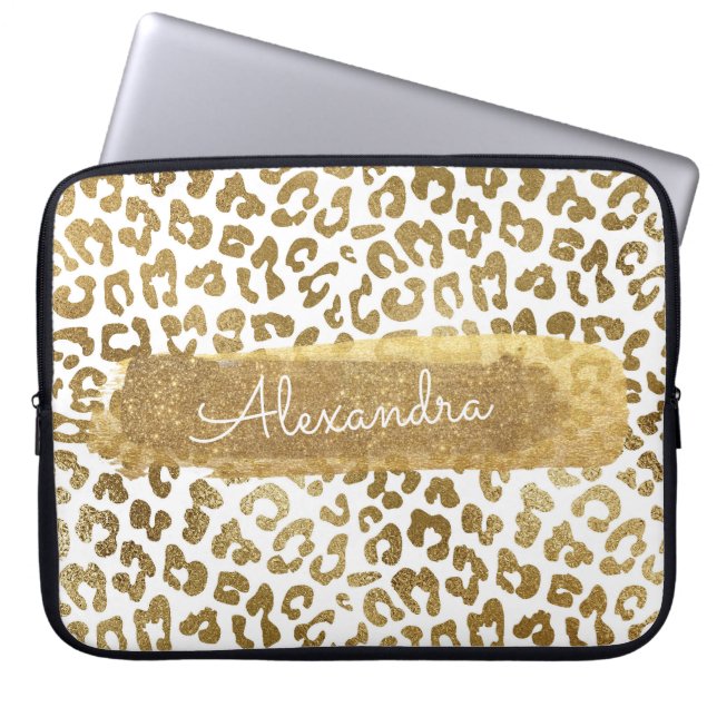 Gouden & Witte Cheetah Print met Gouden Glitter Laptop Sleeve (Voorkant)