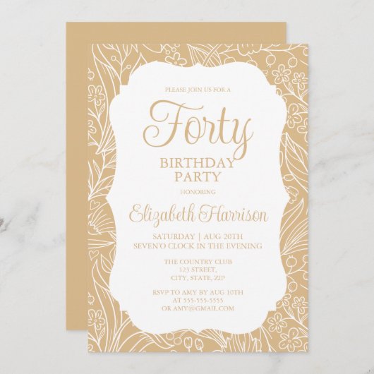 Gouden Witte Flora Vrouw 40e Verjaardagsfeestje Kaart (Voorkant / Achterkant)