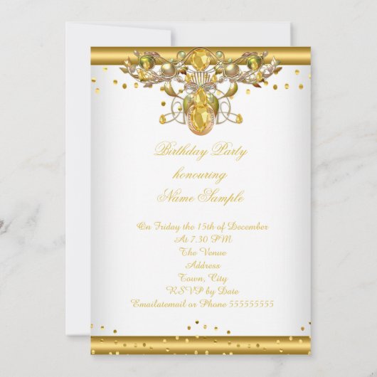 Gouden Witte Gejewelde Verjaardagsfeest Uitnodigin Kaart (Achterkant)