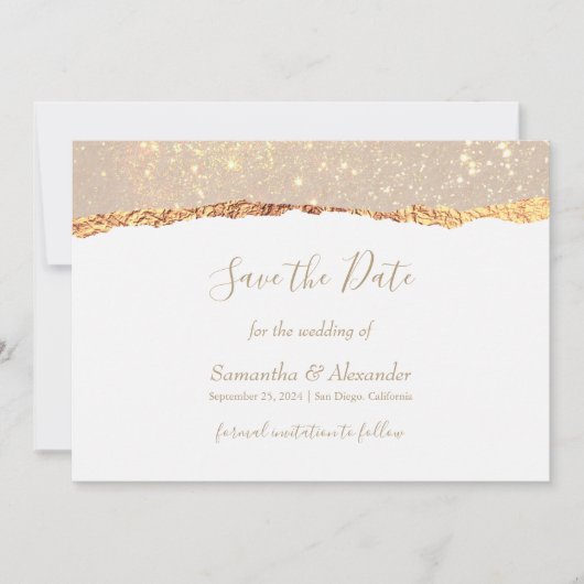 Gouden witte glinsterende marmeren Save the Date k Kaart (Voorkant)