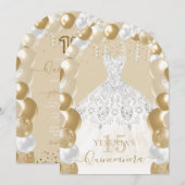Gouden Witte Glitter Jurk Quinceañera Ballon Kaart (Voorkant / Achterkant)