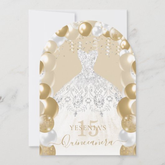 Gouden Witte Glitter Jurk Quinceañera Ballon Kaart (Voorkant)