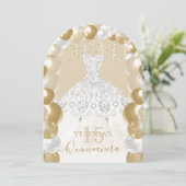 Gouden Witte Glitter Jurk Quinceañera Ballon Kaart (Staand voorkant)