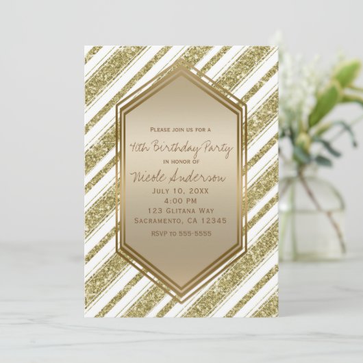 Gouden Witte Glitter Stripes Verjaardag Party Even Kaart (Staand voorkant)
