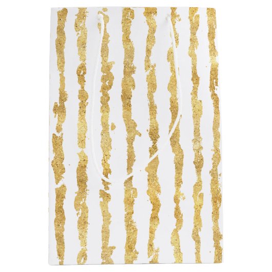 Gouden witte glitz strepen medium cadeauzakje (Voorkant)