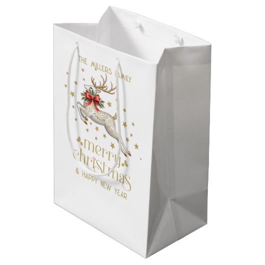 Gouden Witte Kerst Rendier Medium Cadeauzakje (Achterkant Gekanteld)
