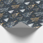 Gouden & witte kerstbomen op zwarte achtergrond cadeaupapier (Hoek)