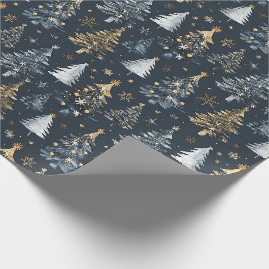 Gouden & witte kerstbomen op zwarte achtergrond cadeaupapier (Hoek)