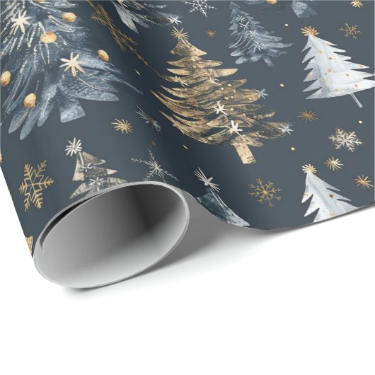 Gouden & witte kerstbomen op zwarte achtergrond cadeaupapier (Rol Hoek)