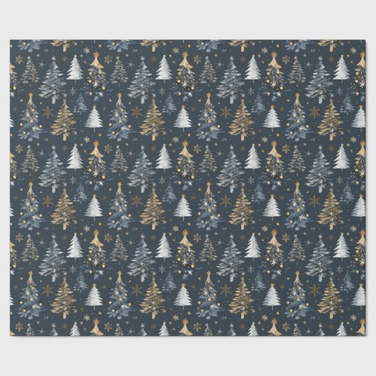 Gouden & witte kerstbomen op zwarte achtergrond cadeaupapier (Zoom)