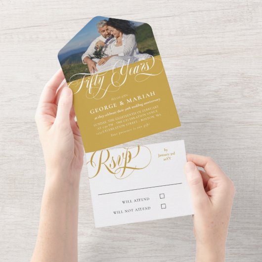 Gouden Witte Krullen Foto 50ste Huwelijksverjaarda All In One Uitnodiging (Afscheurbaar)