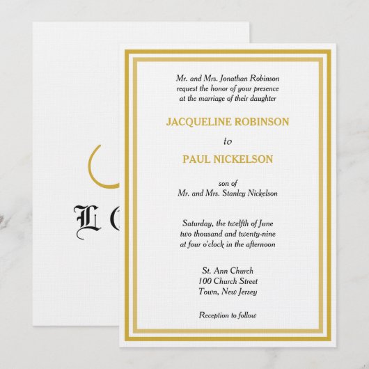 Gouden Witte Monogram Bruiloft Kaart (Voorkant / Achterkant)